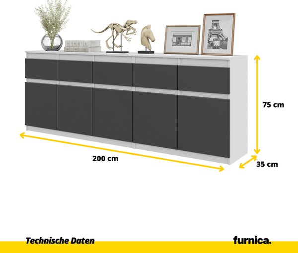 NOAH - Komoda s 5 zásuvkami a 5 dvířky - Komoda do ložnice s úložným prostorem - bílá matná / antracitová V75cm Š200cm H35cm