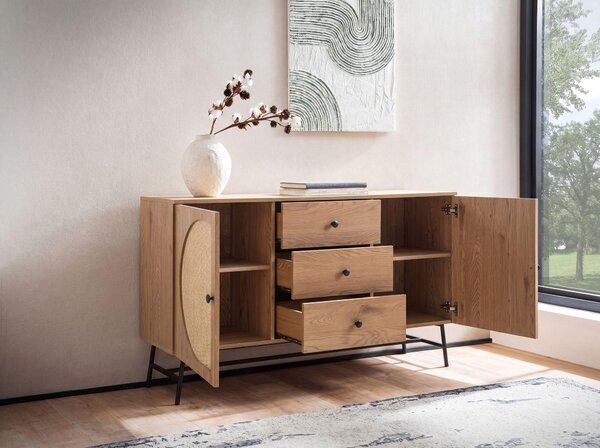 Příborník v dekoru dubu 140 cm komoda se 2 dvířky a 3 zásuvkami v designu vídeňského ratanového proutí