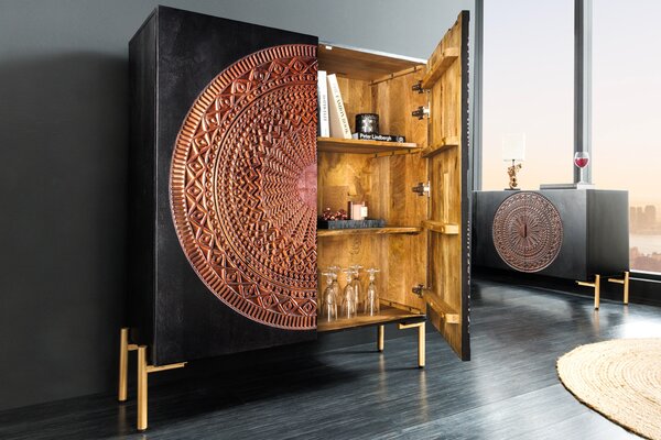 Riess-ambiente Masivní vysoká deska MANDALA 120cm mangové dřevo černá zlaté nožičky skříňka kredenc skříňka do obývacího pokoje