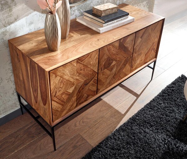 FineBuy Komoda Sheesham masivní dřevo 120 cm se 3 dvířky – masivní retro komoda s kovovým rámem černá – designový přírodní příborník – ručně vyrobený v industriálním stylu