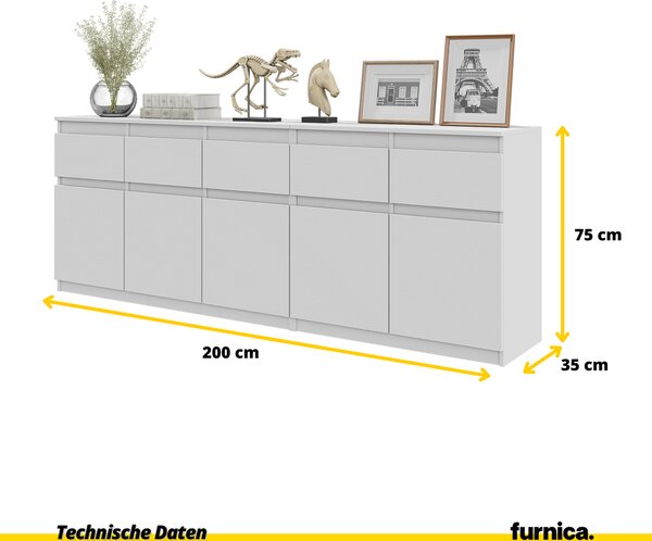 NOAH - Komoda s 5 zásuvkami a 5 dvířky - Komoda do ložnice Úložná skříňka Příborník - bílý mat V75cm Š200cm H35cm