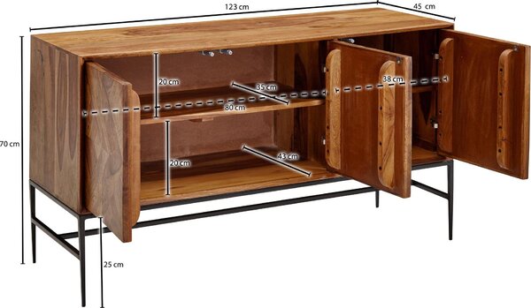 FineBuy Komoda Sheesham masivní dřevo 120 cm se 3 dvířky – masivní retro komoda s kovovým rámem černá – designový přírodní příborník – ručně vyrobený v industriálním stylu