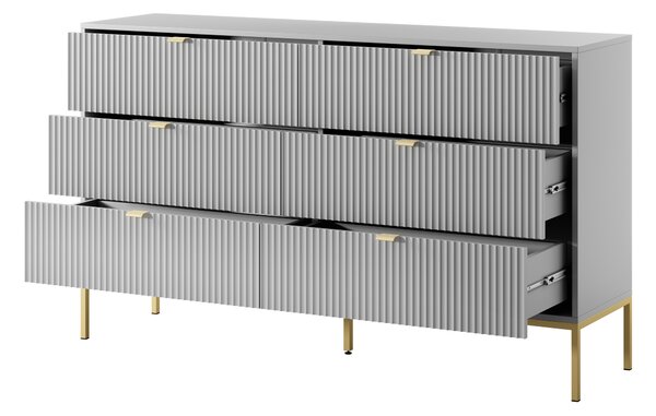 Komoda: 6 zásuvek, šedá, zlaté nohy, 154 x 39 x 83 cm