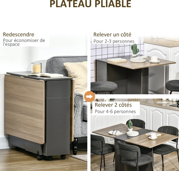 HOMCOM Skládací jídelní stůl na kolečkách se skřínkou a 2 šuplíky 76 x 140 x 74 cm šedý a přírodní dřevo | Aosom