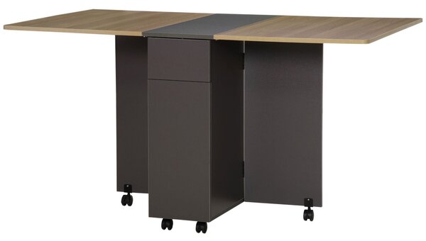 HOMCOM Skládací jídelní stůl na kolečkách se skřínkou a 2 šuplíky 76 x 140 x 74 cm šedý a přírodní dřevo | Aosom