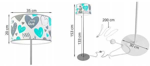 Dětská stojací lampa Heart, 1x bílé textilní stínítko se vzorem, (výběr ze 2 barev konstrukce), o, b