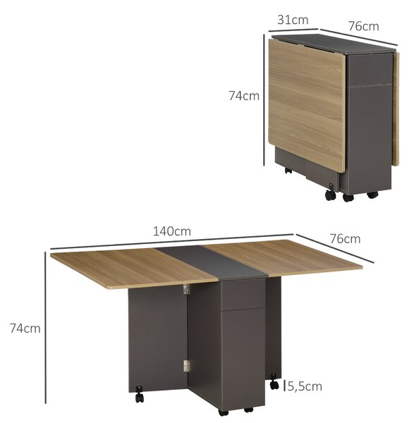 HOMCOM Skládací jídelní stůl na kolečkách se skřínkou a 2 šuplíky 76 x 140 x 74 cm šedý a přírodní dřevo | Aosom