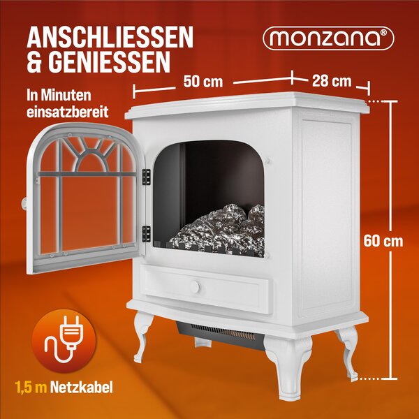 MONZANA® Elektrický krb s LED efektem plamenů, teplovzdušný ventilátor 2000 W, 2 stupně topení, termostat, krb, ohřívač, topení do obývacího pokoje, rozměry 60 x 50 x 30 cm, bílá