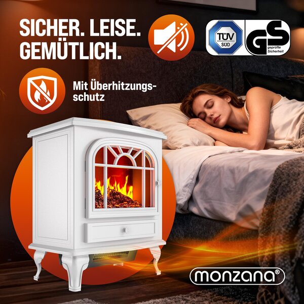 MONZANA® Elektrický krb s LED efektem plamenů, teplovzdušný ventilátor 2000 W, 2 stupně topení, termostat, krb, ohřívač, topení do obývacího pokoje, rozměry 60 x 50 x 30 cm, bílá