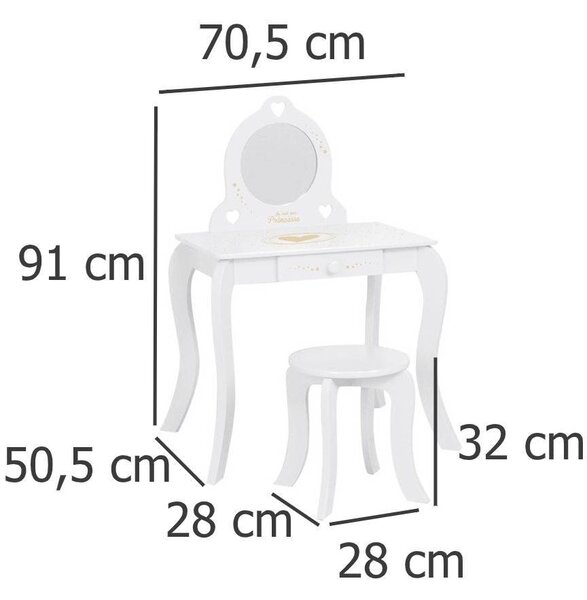Stůl se zrcadlem a stoličkou, toaletní stolek s jednou zásuvkou, bílý