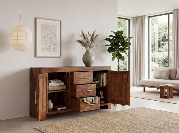 FineBuy Příborník z masivního dřeva sheesham 120 cm, 2 dvířka a 3 zásuvky – masivní retro komoda ve venkovském stylu – designový přírodní příborník – ruční výroba