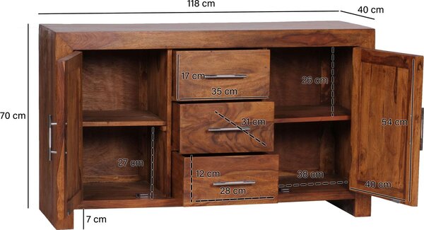 FineBuy Příborník z masivního dřeva sheesham 120 cm, 2 dvířka a 3 zásuvky – masivní retro komoda ve venkovském stylu – designový přírodní příborník – ruční výroba