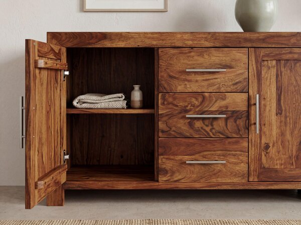 FineBuy Příborník z masivního dřeva sheesham 120 cm, 2 dvířka a 3 zásuvky – masivní retro komoda ve venkovském stylu – designový přírodní příborník – ruční výroba