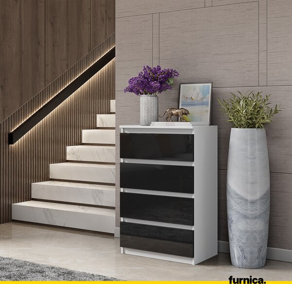 FURNICA - GABRIEL - Komoda se 4 zásuvkami - bílá matná / černý lesk V92cm Š60cm H33cm