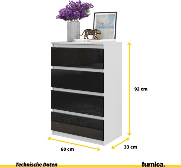 FURNICA - GABRIEL - Komoda se 4 zásuvkami - bílá matná / černý lesk V92cm Š60cm H33cm