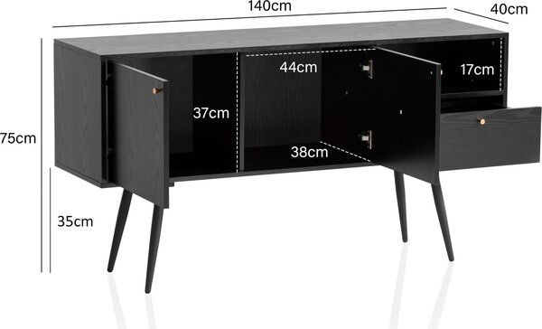 Komoda 140x75x40 cm černá s dubovým dekorem nadčasová, vysoká komoda, stojací skříň obývací pokoj se 2 dvířky a zásuvkou, komoda s otevřenou přihrádkou | Wohnling