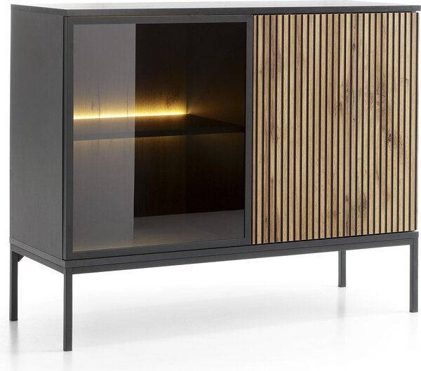 Moderní úzká komoda s žebrovaným čelem, 104 × 83 × 39 cm, černá / dub Wotan