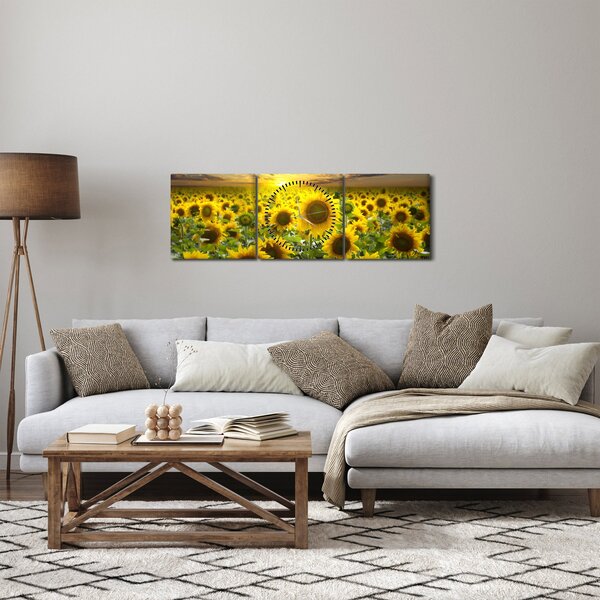 Obraz - Slunečnice při západu slunce (s hodinami) (90x30 cm)
