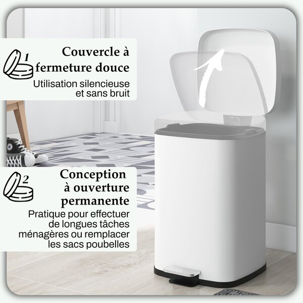 HOMCOM 20L Pěnový Odpadkový Koš z Nerezové Oceli s Tichým Víkem, Kompaktní, Odnímatelný Vnitřní Kbelík, 28L x 35Š x 45V cm, Bílý | Aosom