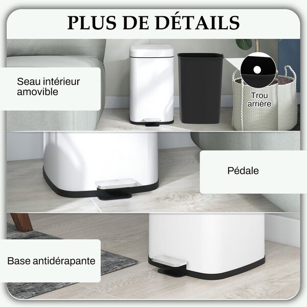 HOMCOM 20L Pěnový Odpadkový Koš z Nerezové Oceli s Tichým Víkem, Kompaktní, Odnímatelný Vnitřní Kbelík, 28L x 35Š x 45V cm, Bílý | Aosom