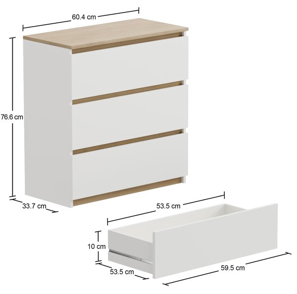 Komoda - 60x77x37 cm - bílá - se 3 zásuvkami - stabilní - moderní - do obývacího pokoje ložnice