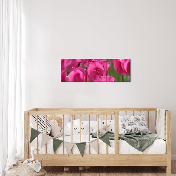 Obraz - Růžové tulipány (s hodinami) (90x30 cm)