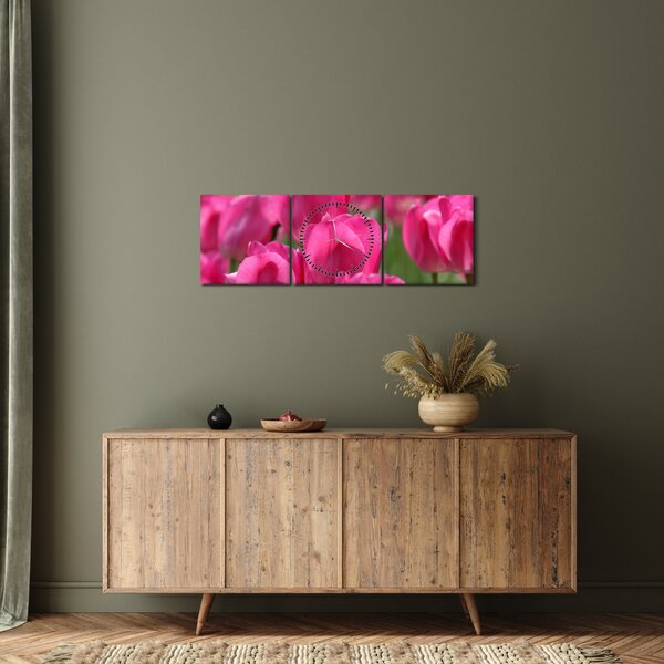 Obraz - Růžové tulipány (s hodinami) (90x30 cm)
