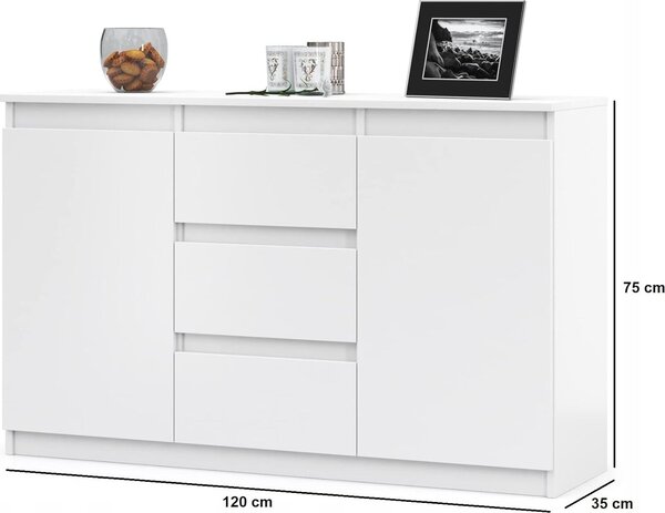 VBChome Komoda se 3 zásuvkami a 2 dvířky 120 x 35 x 75 cm Bílá Komoda bez úchytek Víceúčelová skříňka do předsíně Ložnice Obývací pokoj Dětský pokoj