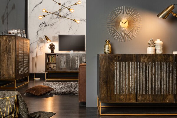 Riess-ambiente Masivní příborník ONYX 160 cm tmavě hnědý zlatý mangové dřevo drahokam achát posuvné dveře komoda příborník skříňka