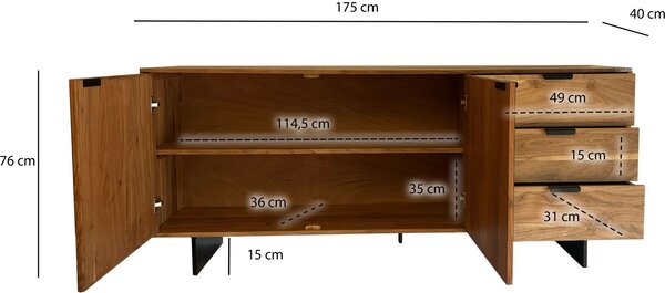Komoda FineBuy z masivního akáciového dřeva, 175 cm, 2 dvířka a 3 zásuvky – masivní retro komoda v kamenném vzhledu – designová komoda v přírodním stylu – ručně vyrobená v industriálním stylu