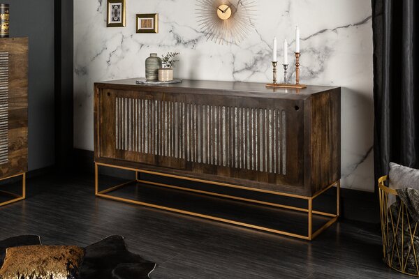 Riess-ambiente Masivní příborník ONYX 160 cm tmavě hnědý zlatý mangové dřevo drahokam achát posuvné dveře komoda příborník skříňka