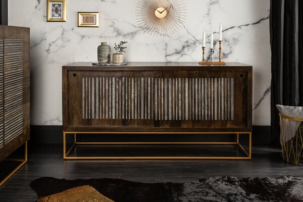 Riess-ambiente Masivní příborník ONYX 160 cm tmavě hnědý zlatý mangové dřevo drahokam achát posuvné dveře komoda příborník skříňka