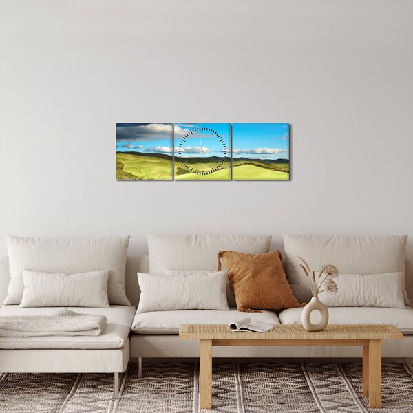 Obraz - Zelená krajina s pahorky (s hodinami) (90x30 cm)