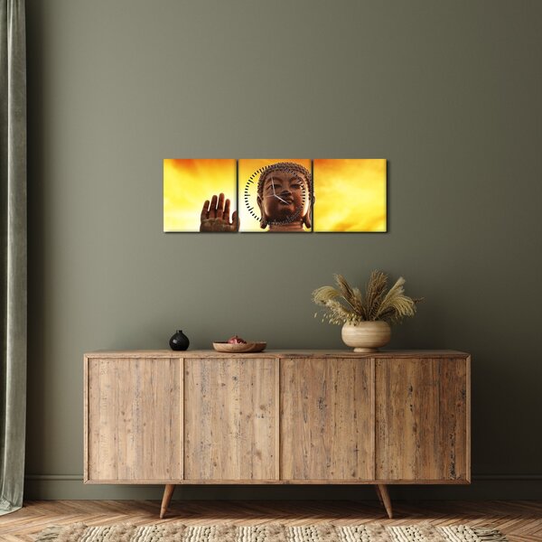 Obraz - Buddha s červenožlutým pozadím (s hodinami) (90x30 cm)