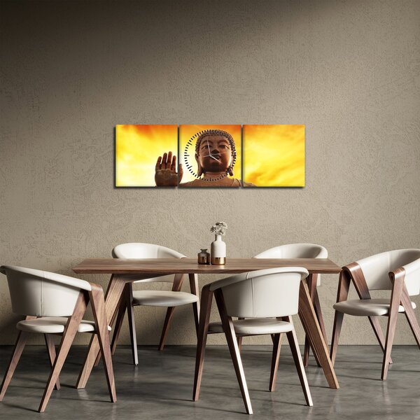 Obraz - Buddha s červenožlutým pozadím (s hodinami) (90x30 cm)