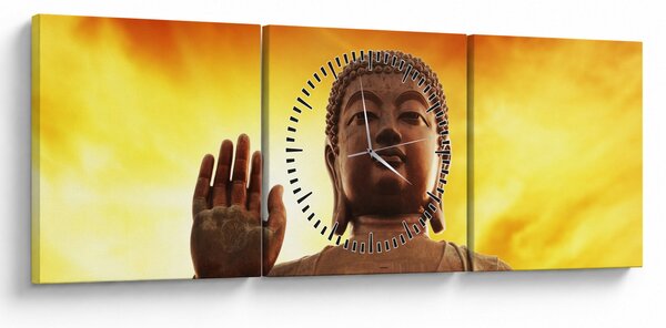 Obraz - Buddha s červenožlutým pozadím (s hodinami) (90x30 cm)