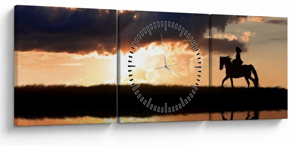 Obraz - Jezdec na koni při západu slunce (s hodinami) (90x30 cm)