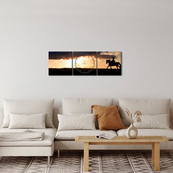 Obraz - Jezdec na koni při západu slunce (s hodinami) (90x30 cm)
