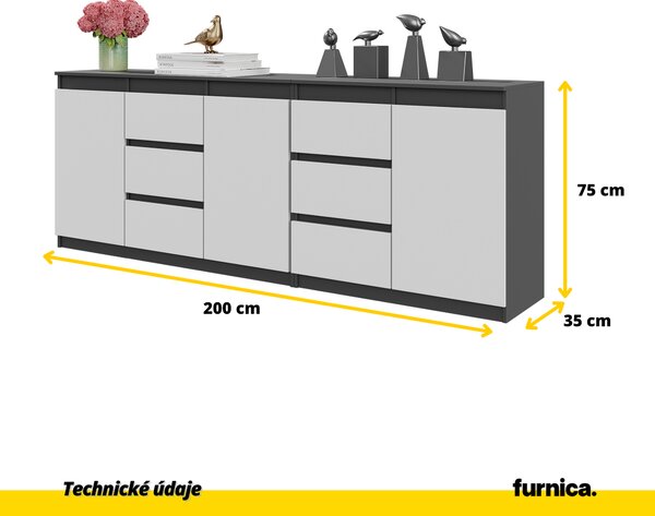 MIKEL - Komoda se 6 zásuvkami a 3 dvířky - Komoda do ložnice, skříňka, kredenc - antracit / bílá matná V75cm Š200cm H35cm