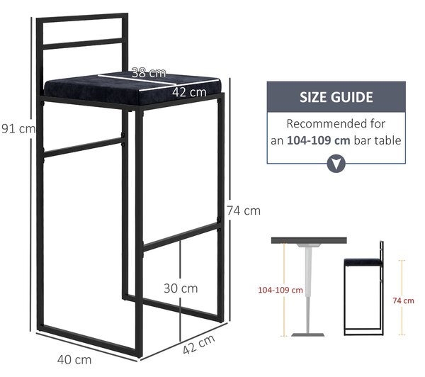 HOMCOM Sada 2 vysokých židlí, barových stoliček, výška 74 cm, ocelová konstrukce, sametový sedák, opěrka na nohy, barové židle, elegantní moderní styl