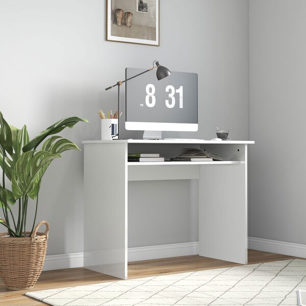 HOMCOM Počítačový stůl Kompaktní Elegantní kancelářský stůl s 1 policí, Dřevotříska, rozměr 90D x 50Š x 74V cm, Vysoce lesklá bílá | Aosom