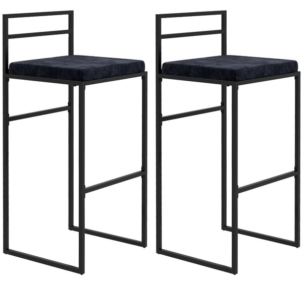 HOMCOM Sada 2 vysokých židlí, barových stoliček, výška 74 cm, ocelová konstrukce, sametový sedák, opěrka na nohy, barové židle, elegantní moderní styl