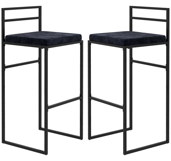 HOMCOM Sada 2 vysokých židlí, barových stoliček, výška 74 cm, ocelová konstrukce, sametový sedák, opěrka na nohy, barové židle, elegantní moderní styl
