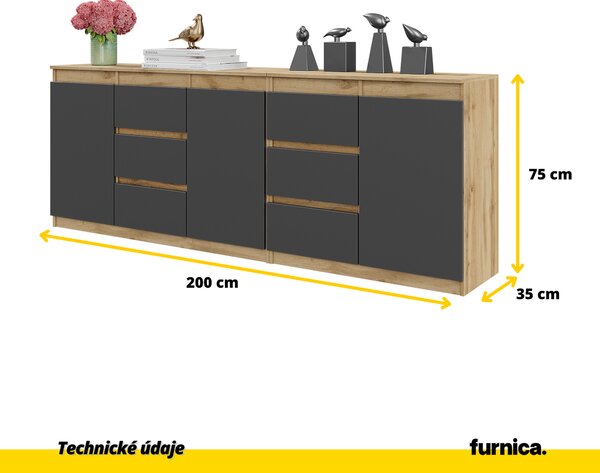 MIKEL - Komoda se 6 zásuvkami a 3 dvířky - Komoda do ložnice Úložná skříňka Příborník - dub Wotan / antracit V75cm Š200cm H35cm