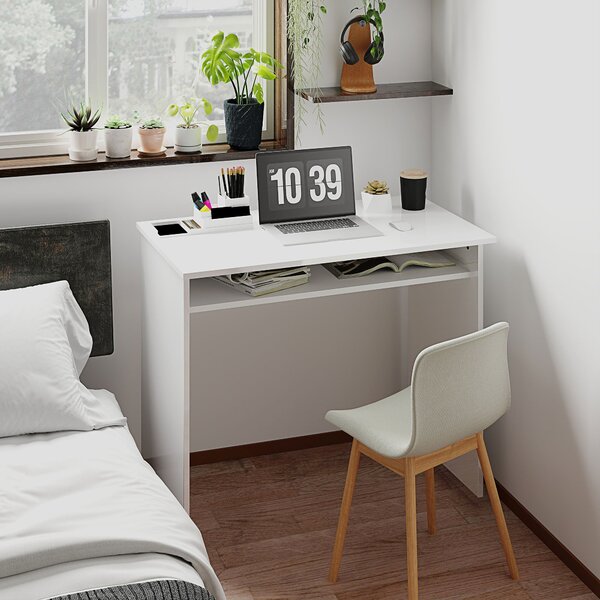 HOMCOM Počítačový stůl Kompaktní Elegantní kancelářský stůl s 1 policí, Dřevotříska, rozměr 90D x 50Š x 74V cm, Vysoce lesklá bílá | Aosom