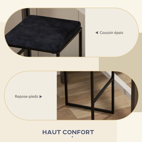 HOMCOM Sada 2 vysokých židlí, barových stoliček, výška 74 cm, ocelová konstrukce, sametový sedák, opěrka na nohy, barové židle, elegantní moderní styl