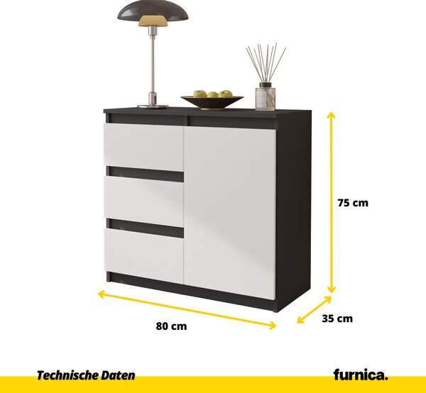 FURNICA - MIKEL - Komoda se 3 zásuvkami a 1 dvířky - antracitově šedá / bílá matná V75cm Š80cm H35cm
