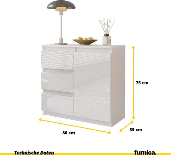 FURNICA - MIKEL - Komoda / příborník se 3 zásuvkami a 1 dvířky - bílá matná / bílý lesk V75cm Š80cm H35cm