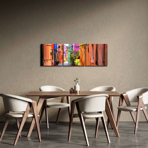 Obraz - Barevné domy v Buranu, Benátky (s hodinami) (90x30 cm)