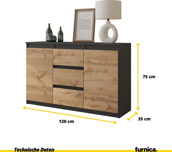 FURNICA - MIKEL - Komoda / příborník se 3 zásuvkami a 2 dvířky - antracitově šedá / dub Wotan V75cm Š120cm H35cm